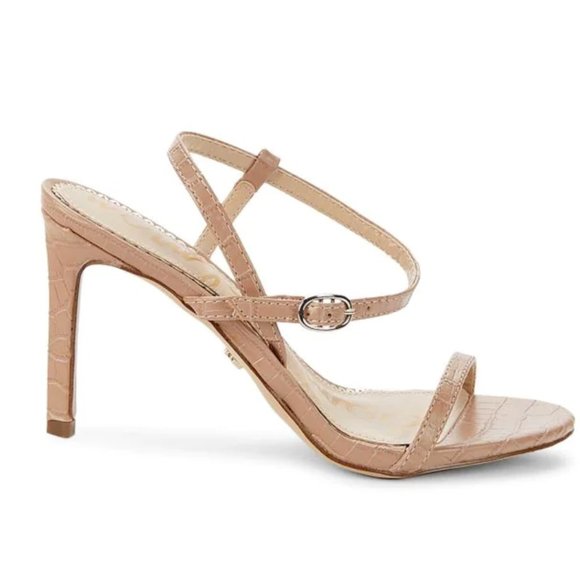 MARC FISHER Womens Light Natural Beige Reptile Embossed Strappy Padded Heel Asymmetrical Goring Bonina Square Toe Slip On Sandals Shoes M